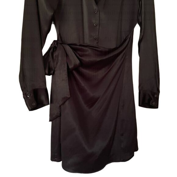 Zara Womans Black Faux Wrap Dress Size Medium V-neck Long Sleeve Button Down - Picture 4 of 7